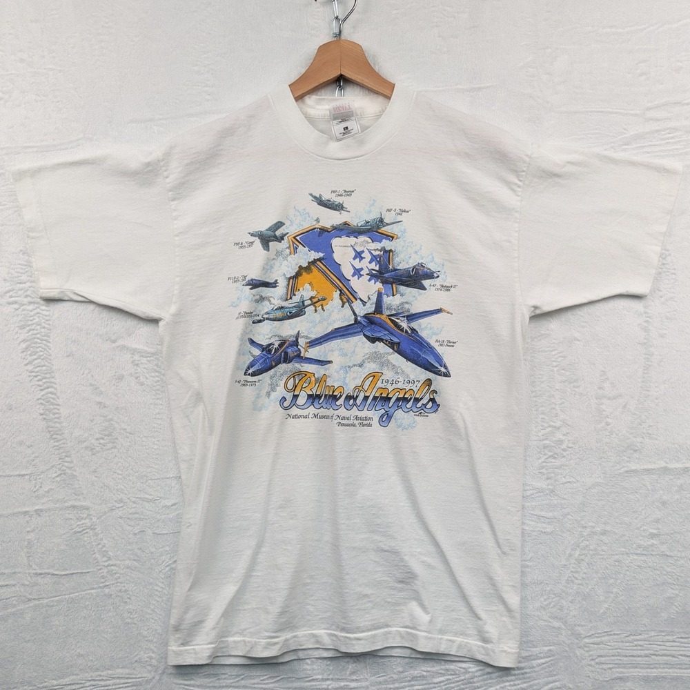 VTG Blue Angels Military Aviation T-Shirt Men's L White Single Stitch Navy 90s